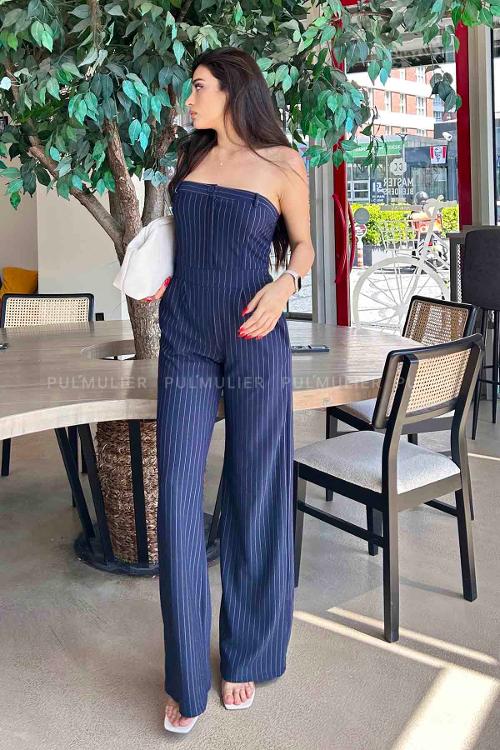 Navy Blue Shirt Collar Denim Unprinted Overalls