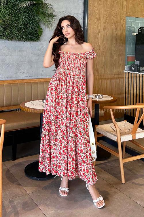 Red Scope Neck Knitwear Unprinted Dresess