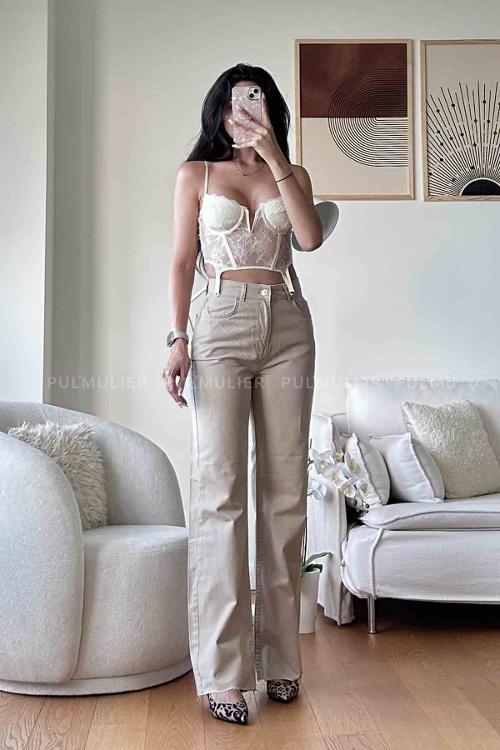 Beige Denim High Waist Denim Pants