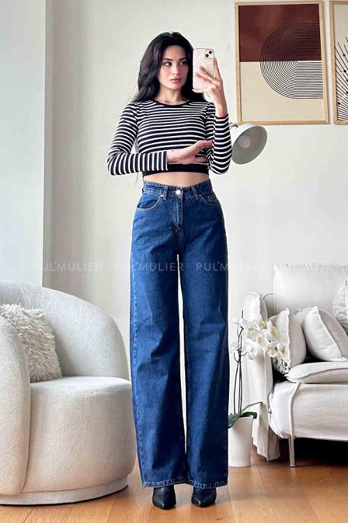 Dark Blue Denim High Waist Denim Pants