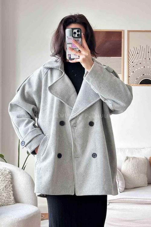 Gray V Neck Long Arm Stamp Fabric Coat