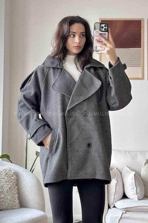 Black V Neck Long Arm Stamp Fabric Coat