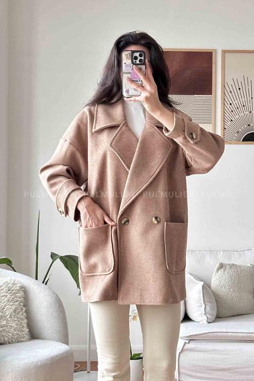 Brown With Milk V Neck Long Arm Stamp Fabric Coat