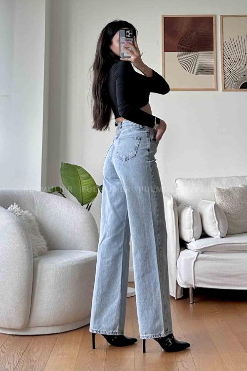 Sky Blue Cotton High Waist Denim Pants