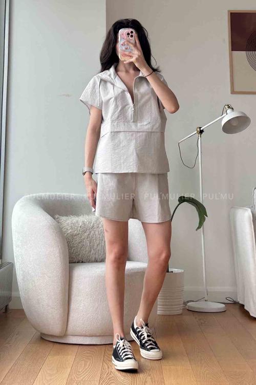 Gray Scoop Neck Long Arm Without Accessories Cotton Fabric Regular Trousers Comfortable Suit